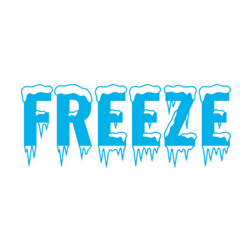 Freeze word text design with blue letters covered in snow and hanging icicles Vector