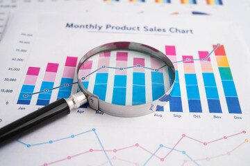 Obraz premium Magnifying glass on charts graphs paper. Financial development, Banking Account, Statistic, Investment Analytic research data economy.