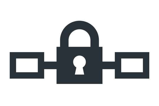 Permission-controlled workflow icon vector, padlock linking two process modules, flat graphite line design for diagrams and interfaces