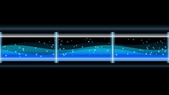 Abstract horizontal pipeline section with flowing blue liquid and floating air bubbles