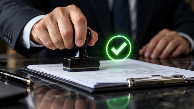 Businessman's hand stamping approval on document in clipboard on glossy desk with glowing green check mark icon, symbolizing approved, authorization and quality control