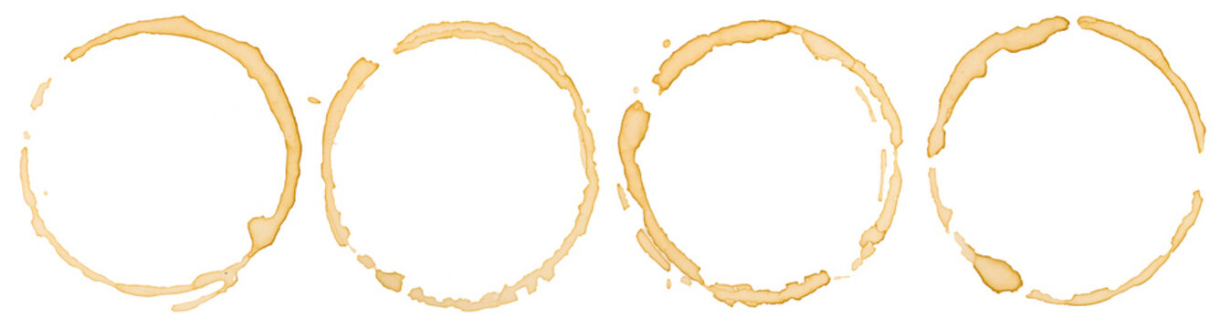 Set of four brown coffee cup rings stains and splashes isolated on transparent background for design element