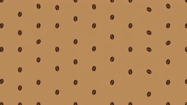 Seamless pattern of dark roasted coffee beans scattered on a light brown solid background with icons arranged solid repeating pattern bean icons