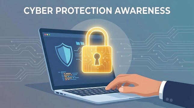 Hand securing laptop with cyber protection lock icon
