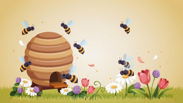Cartoon bees flying around a wooden beehive in a vibrant meadow of spring flowers with beehive situated colorful filled blooming daisies fly around