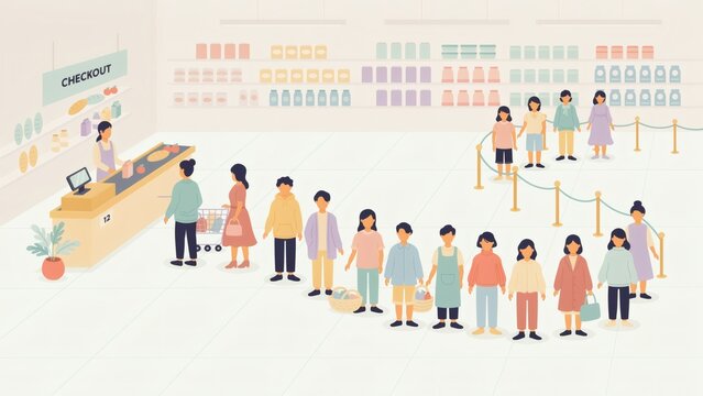 People standing in a long queue waiting to pay at a supermarket checkout counter with grocery store checkout diverse people stands line waiting turn