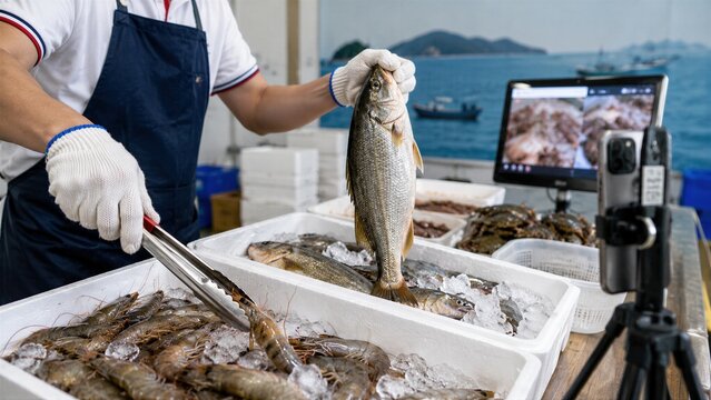 Fresh Seafood Vendor Live Streaming Fish and Shrimp Sales