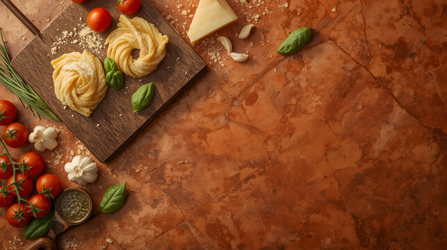 Authentic Italian Ingredients: A rustic wooden board presents uncooked fettuccine pasta, cherry tomatoes, garlic, basil, and a wedge of Parmesan cheese.