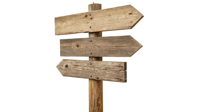 Rustic blank wooden directional pointer arrow sign isolated on transparent background