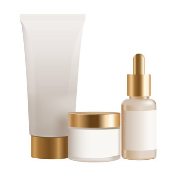 Vector set of three realistic cosmetic containers, including a squeeze tube, a cream jar, and a dropper bottle, all accented with elegant gold caps, perfect for high-end beauty and skincare 