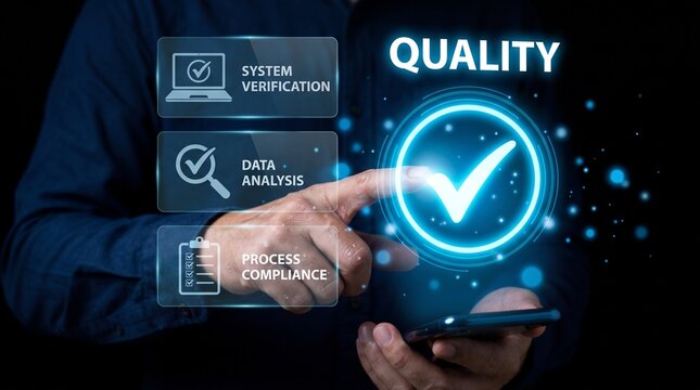 Quality management operational excellence concept, quality manager monitoring control, certification validation, compliance requirements, inspection accuracy, performance standards, improvement