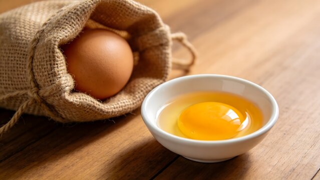 Whole brown egg in burlap sack and cracked raw egg yolk in white bowl on wooden table