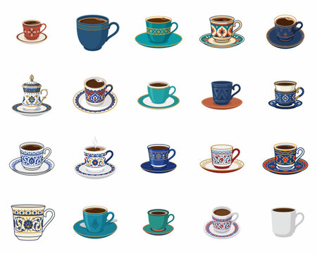 Collection of traditional Turkish coffee cups and saucers with ornate Ottoman patterns and vibrant colors, isolated on white background vector illustration