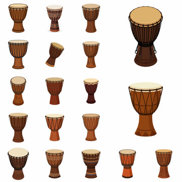 Set of Various Traditional African Djembe Hand Drum Illustrations Isolated on White Background