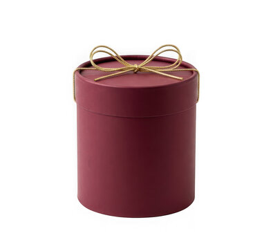 Burgundy round gift box with gold ribbon bow isolated on transparent background