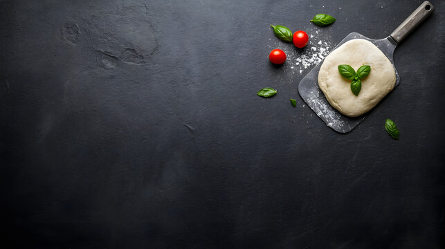 Pizza Preparation: Fresh dough, ripe tomatoes, and aromatic basil sit ready on a dark slate surface, hinting at a delicious culinary creation to come.