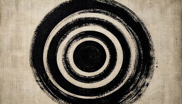 A striking minimalist graphic poster showing dramatic, imperfect concentric circles formed by dense black ink brush lines