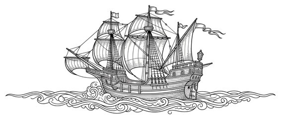 Vintage Sailing Ship Illustration on Waves © tati
