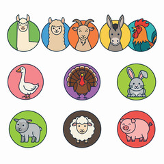 Fototapeta premium Colorful cute cartoon farm animal avatar icons set.