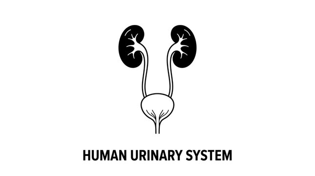 Very beautiful black and white flat vector illustration of the human urinary system showing two kidneys, ureters, urinary bladder and urethra, centered label below illustration: "HUMAN URINARY SYSTEM"