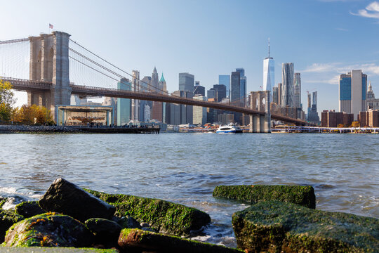 Iconic view of Brooklyn Bridge with Manhattan skyscrapers