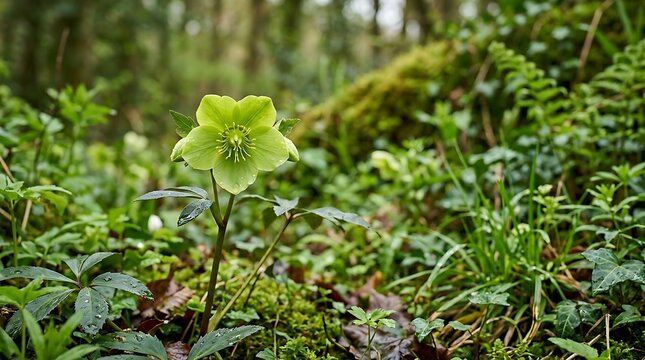 Green hellebore flower blooming in a damp woodland forest floor setting