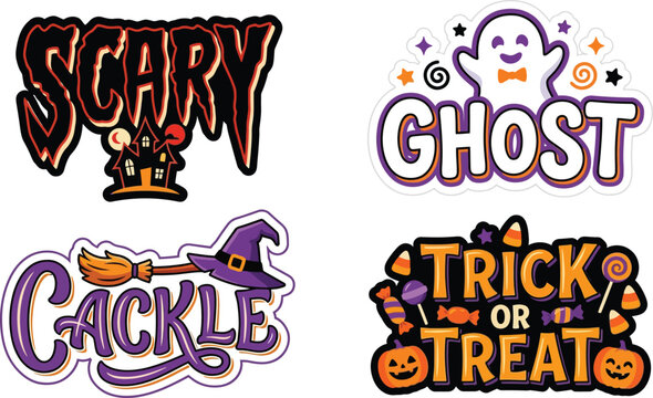 Scary Haunted House And Cute Bowtie Ghost Halloween Vector Sticker Pack