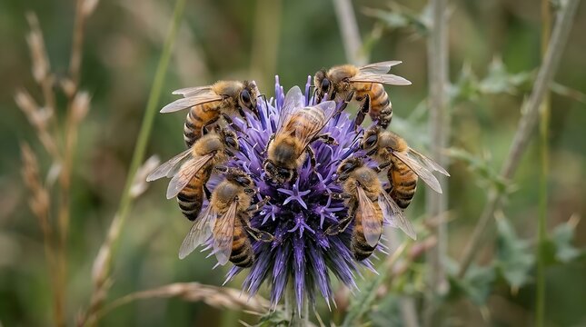 Group of bees collecting nectar from a purple thistle flower in a meadow