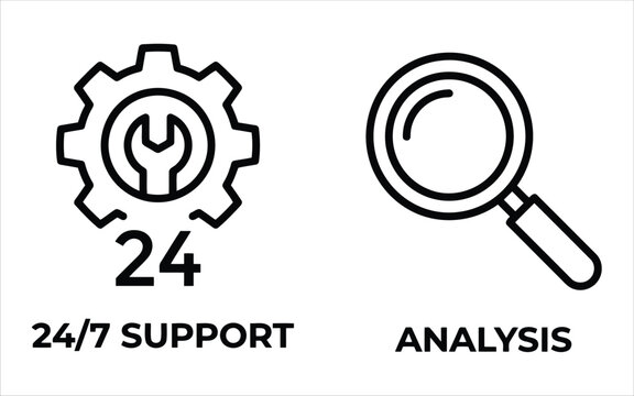 Gear with wrench and magnifying glass outline icons for technical support service and professional data analysis.