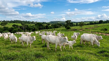 Fototapeta premium Herd of white cattle grazing peacefully on a lush green pasture under a blue sky