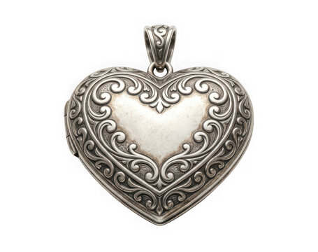 Vintage silver heart shaped locket pendant with intricate floral engraving isolated on transparent background