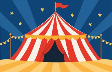 Vector illustration of a classic retro circus big top tent with red and white vertical stripes, a waving flag, yellow carnival lights, and a starry blue night sky.  © Vadim