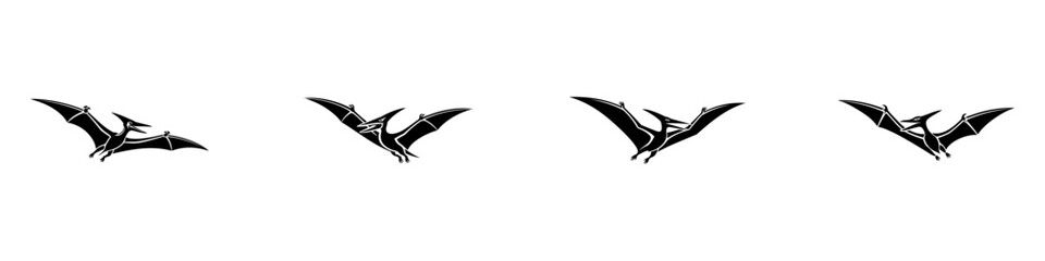 Pterodactyl silhouette set featuring flying prehistoric creatures, dinosaur line art, and fossil icons. © Umacharan Roy