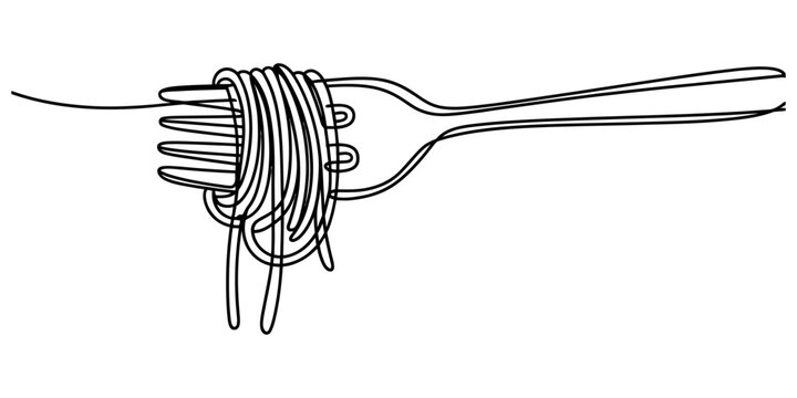 Continuous single line drawing of spaghetti pasta wrapped around a metal fork for restaurant food menu design Vector, illustration