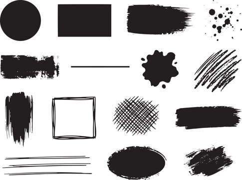 Collection of hand drawn black vector ink brush strokes shapes lines splatters and scribbles isolated on a clean white background.