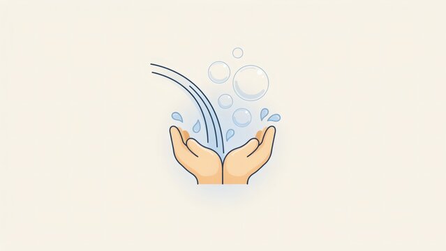 Illustration of cupped hands receiving a stream of water with bubbles on a neutral background with water surrounded floating receives gentle stream