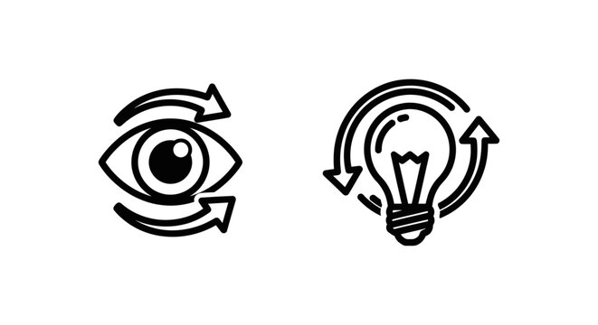 Conceptual outline icons illustrating perception redirection and awareness change with an eye and lightbulb perception awareness lightbulb innovation transformation perspective