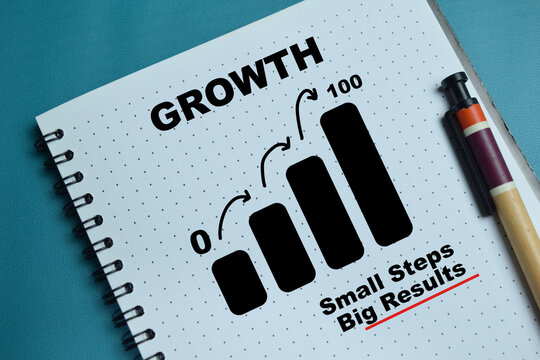 Concept of growth chart with bar graph write on book isolated on table. For motivational quote small steps big results