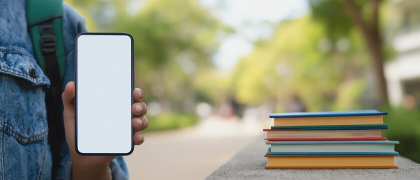 Person holding phone near stacked books outdoors.