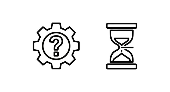 Minimalist outline icons showing an unresolved issue inside a gear and a waiting action hourglass timer with hourglass question mechanic settings unresolved sandglass progress