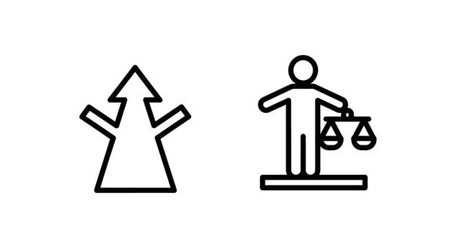 Conceptual outline icons representing middle path and unbiased stance depicting neutrality and justice with neutrality fairness decision weighing direction impartial judgment equality