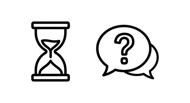Minimalist linear icons of an hourglass and speech bubbles with a question mark symbolizing pending choice and open decision hourglass question dialogue decision thinking uncertainty