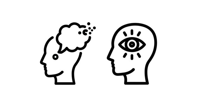 Conceptual line art icons featuring a head with a thought bubble and a head with a giant eye representing perception and mindset perception abstract thinking intellect awareness