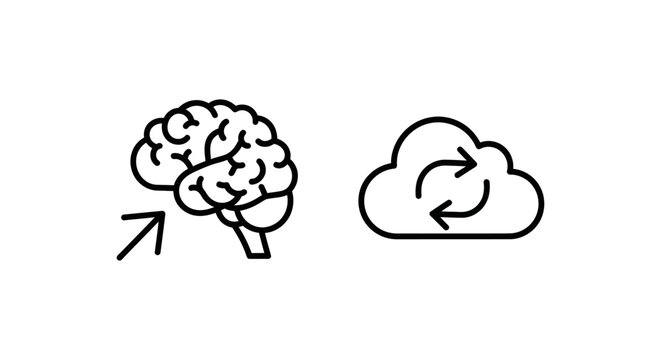 Minimalist concept icons displaying an attention leak brain arrow and a thought drift cloud cycle symbol with attention thinking monochrome isolated abstract interface intelligence