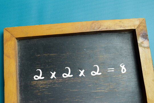 Chalkboard with phrase 2 x 2 x 2 = 8 on wooden desk. multiplication equation. For school education and learning