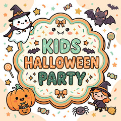 Fototapeta premium Cute Kids Halloween Party invitation graphic with ghost, witch, bat, pumpkin