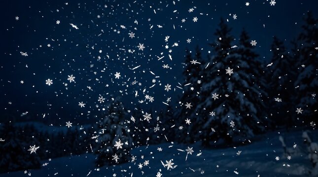 Winter snowflakes falling over snow-covered forest at night for holiday marketing