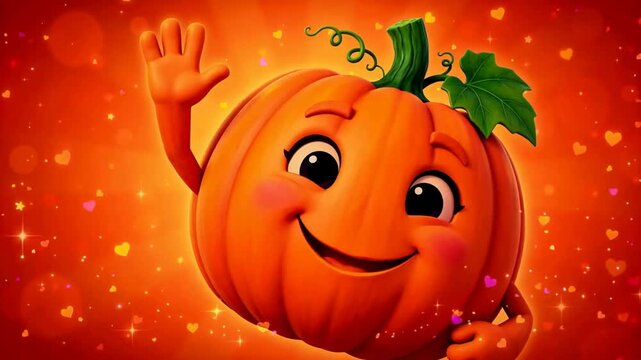 Cute Smiling Pumpkin Character Waving Hello on Orange Background