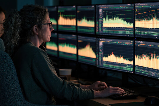 Analyst viewing multiple computer monitors displaying colorful data charts while working at a desk in a dim technology workplace setting
