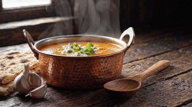 Copper pot with steaming soup and garlic on rustic wooden table  
